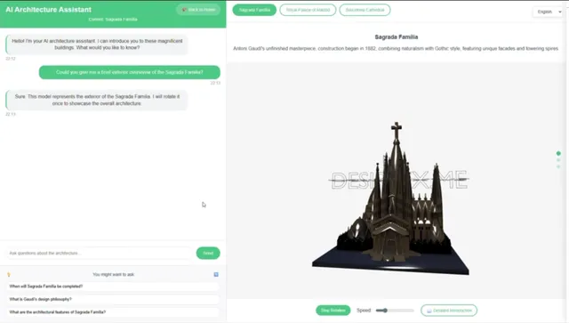 AI architecture assistant interface with a conversational panel and a 3D Sagrada Familia model.