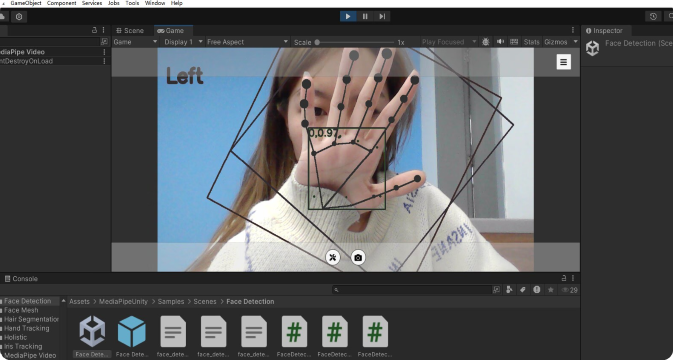 Unity hand-tracking view showing detected landmarks on a person.